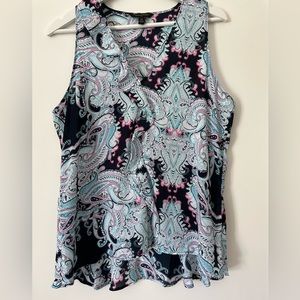 Banana Republic Navy Paisley Sleeveless Ruffle Blouse with Aqua and Pink